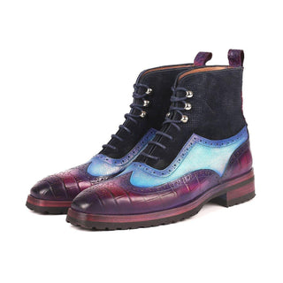 Paul Parkman 9736PTN Men's Handmade Shoes Three Tone Crocodile Print / Suede / Calf-Skin Leather Wing-Tip Boots(PM6260)-AmbrogioShoes