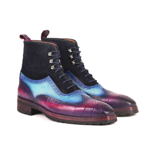 Paul Parkman 9736PTN Men's Handmade Shoes Three Tone Crocodile Print / Suede / Calf-Skin Leather Wing-Tip Boots(PM6260)-AmbrogioShoes