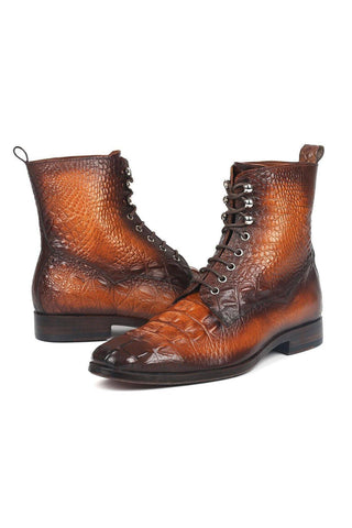 Paul Parkman BT744-BRW Brown Crocodile Embossed / Calf-Skin Leather Lace-Up Boots (PM6277)