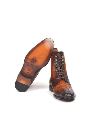 Paul Parkman BT744-BRW Brown Crocodile Embossed / Calf-Skin Leather Lace-Up Boots (PM6277)