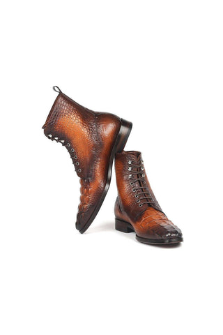 Paul Parkman BT744-BRW Brown Crocodile Embossed / Calf-Skin Leather Lace-Up Boots (PM6277)