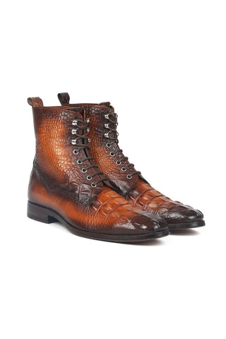 Paul Parkman BT744-BRW Brown Crocodile Embossed / Calf-Skin Leather Lace-Up Boots (PM6277)