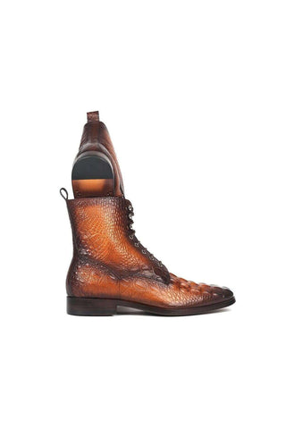 Paul Parkman BT744-BRW Brown Crocodile Embossed / Leather Lace-Up Boots (PM6277)