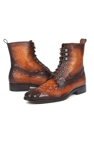Paul Parkman BT744-BRW Brown Crocodile Embossed / Leather Lace-Up Boots (PM6277)