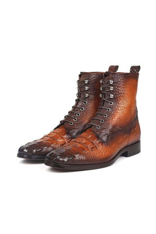 Paul Parkman BT744-BRW Brown Crocodile Embossed / Leather Lace-Up Boots (PM6277)