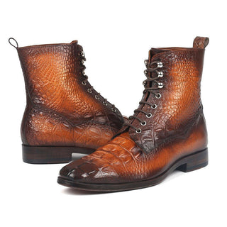Paul Parkman BT744-BRW Men's Handmade Shoes Brown Crocodile Print / Calf-Skin Leather Lace-Up Boots (PM6277)-AmbrogioShoes