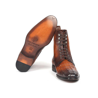 Paul Parkman BT744-BRW Men's Handmade Shoes Brown Crocodile Print / Calf-Skin Leather Lace-Up Boots (PM6277)-AmbrogioShoes