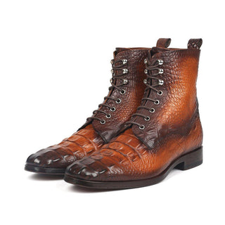 Paul Parkman BT744-BRW Men's Handmade Shoes Brown Crocodile Print / Calf-Skin Leather Lace-Up Boots (PM6277)-AmbrogioShoes