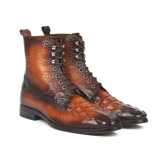 Paul Parkman BT744-BRW Men's Handmade Shoes Brown Crocodile Print / Calf-Skin Leather Lace-Up Boots (PM6277)-AmbrogioShoes
