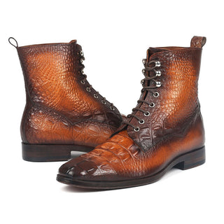 Paul Parkman BT744-BRW Men's Shoes Brown Crocodile Print / Calf-Skin Leather Lace-Up Boots (PM6277)-AmbrogioShoes