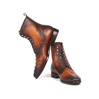 Paul Parkman BT744-BRW Men's Shoes Brown Crocodile Print / Calf-Skin Leather Lace-Up Boots (PM6277)-AmbrogioShoes