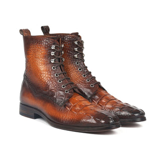 Paul Parkman BT744-BRW Men's Shoes Brown Crocodile Print / Calf-Skin Leather Lace-Up Boots (PM6277)-AmbrogioShoes