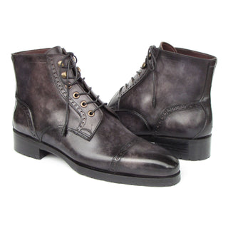 Paul Parkman BT9566-GRY Men's Shoes Gray & Black Hand Painted Leather Cap Toe Boots (PM6405)-AmbrogioShoes