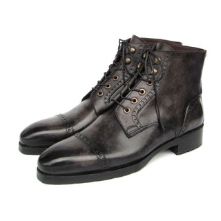 Paul Parkman BT9566-GRY Men's Shoes Gray & Black Hand Painted Leather Cap Toe Boots (PM6405)-AmbrogioShoes