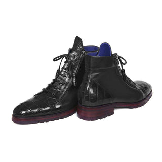 Paul Parkman Handmade Shoes Black Genuine Crocodile & Calfskin Side Zipper Boots (PM5657)-AmbrogioShoes