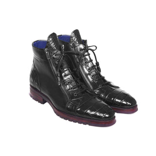 Paul Parkman Handmade Shoes Black Genuine Crocodile & Calfskin Side Zipper Boots (PM5657)-AmbrogioShoes