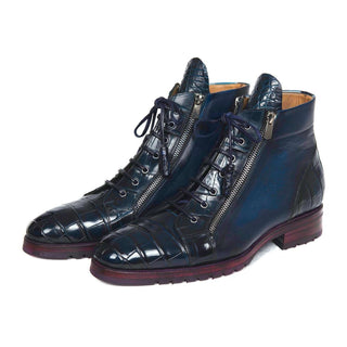 Paul Parkman Handmade Shoes Blue Genuine Crocodile & Calfskin Side Zipper Boots (PM5607)-AmbrogioShoes