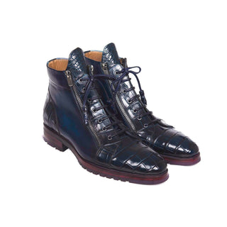 Paul Parkman Handmade Shoes Blue Genuine Crocodile & Calfskin Side Zipper Boots (PM5607)-AmbrogioShoes