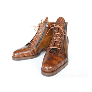 Paul Parkman Handmade Shoes Brown Genuine Crocodile & Calfskin Side Zipper Boots (PM5871)-AmbrogioShoes