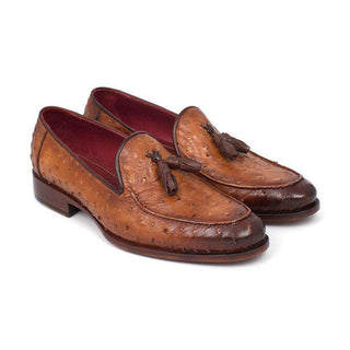 Paul Parkman Handmade Designer Shoes Camel Brown Genuine Ostrich Tassel Loafers (PM5303)-AmbrogioShoes