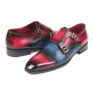 Paul Parkman Handmade Designer Shoes Captoe Double Monkstraps Blue & Fuxia Loafers (PM5850)-AmbrogioShoes