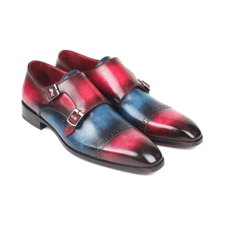 Paul Parkman Handmade Designer Shoes Captoe Double Monkstraps Blue & Fuxia Loafers (PM5850)-AmbrogioShoes