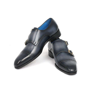 Paul Parkman Handmade Designer Shoes Captoe Double Monkstraps Navy Loafers (PM5460)-AmbrogioShoes