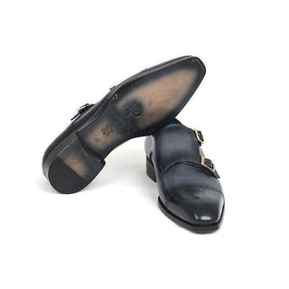 Paul Parkman Handmade Shoes Captoe Double Monkstraps Navy Loafers (PM5460)-AmbrogioShoes