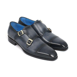 Paul Parkman Handmade Designer Shoes Captoe Double Monkstraps Navy Loafers (PM5460)-AmbrogioShoes