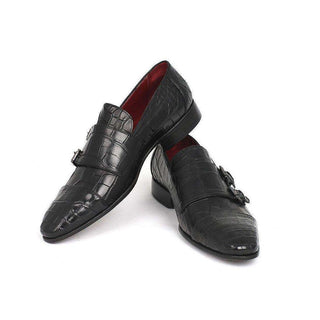 Paul Parkman Handmade Shoes Genuine Crocodile Black Double Monkstraps Loafers (PM5453)-AmbrogioShoes