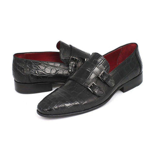 Paul Parkman Handmade Shoes Genuine Crocodile Black Double Monkstraps Loafers (PM5453)-AmbrogioShoes