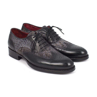 Paul Parkman Handmade Shoes Goodyear Welted Gray Black Calfskin Wingtip Exotic Oxfords (PM5314)-AmbrogioShoes