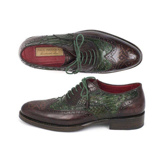 Paul Parkman Handmade Shoes Goodyear Welted Green & Brown Calfskin Wingtip Oxfords (PM5313)-AmbrogioShoes