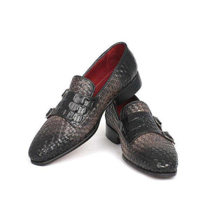 Paul Parkman Handmade Shoes Gray Woven & Croc Embossed Monkstraps Loafers (PM5457)-AmbrogioShoes