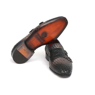 Paul Parkman Handmade Designer Shoes Gray Woven & Croc Embossed Monkstraps Loafers (PM5457)-AmbrogioShoes