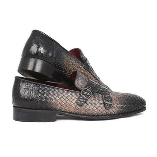 Paul Parkman Handmade Designer Shoes Gray Woven & Croc Embossed Monkstraps Loafers (PM5457)-AmbrogioShoes