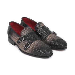 Paul Parkman Handmade Designer Shoes Gray Woven & Croc Embossed Monkstraps Loafers (PM5457)-AmbrogioShoes