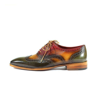 Paul Parkman Handmade Shoes Handmade Mens Shoes Three-Tone Wingtip Hand-Painted Green / Camel / Bordeaux Oxfords (PM1007)-AmbrogioShoes