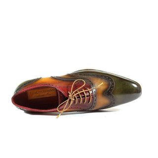 Paul Parkman Handmade Shoes Handmade Mens Shoes Three-Tone Wingtip Hand-Painted Green / Camel / Bordeaux Oxfords (PM1007)-AmbrogioShoes