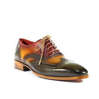 Paul Parkman Handmade Shoes Handmade Mens Shoes Three-Tone Wingtip Hand-Painted Green / Camel / Bordeaux Oxfords (PM1007)-AmbrogioShoes