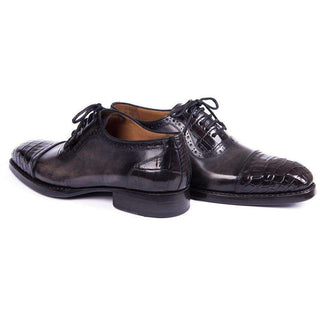 Paul Parkman Handmade Shoes Mens Black Crocodile & Grey Calfskin Captoe Oxfords (PM5805)-AmbrogioShoes