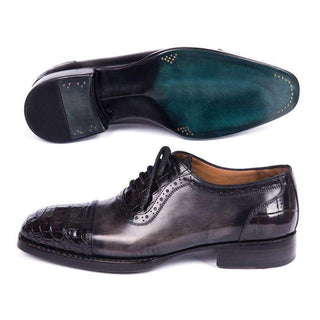 Paul Parkman Handmade Shoes Mens Black Crocodile & Grey Calfskin Captoe Oxfords (PM5805)-AmbrogioShoes