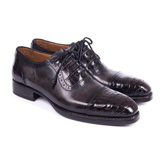 Paul Parkman Handmade Shoes Mens Black Crocodile & Grey Calfskin Captoe Oxfords (PM5805)-AmbrogioShoes