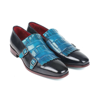 Paul Parkman Handmade Designer Shoes Men's Blue & Navy Calf-skin Leather Kiltie Double Monkstrap Loafers ST17BLU (PM5906)-AmbrogioShoes