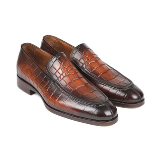 Paul Parkman Handmade Shoes Men's Brown Burnished Crocodile Embossed Calf-skin Leather Loafers 7339-BRW (PM5917)-AmbrogioShoes