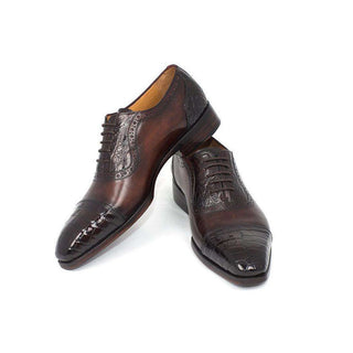 Paul Parkman Handmade Shoes Men's Brown Genuine Crocodile & Calfskin Oxfords (PM5304)-AmbrogioShoes