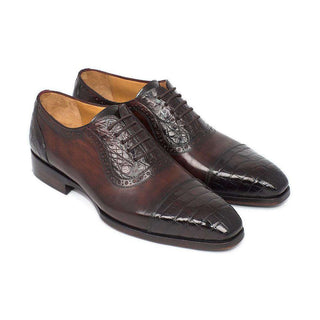 Paul Parkman Handmade Shoes Men's Brown Genuine Crocodile & Calfskin Oxfords (PM5304)-AmbrogioShoes