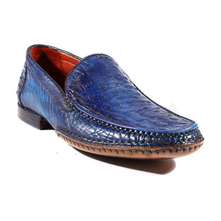 Paul Parkman Handmade Shoes Men's Shoes Opanka Construction Genuine Ostrich Blue Moccasins (PM2019)-AmbrogioShoes