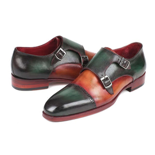 Paul Parkman Handmade Shoes Men's Green & Camel Calf-skin Leather Captoe Double Monkstrap Loafers 045GC61 (PM5916)-AmbrogioShoes