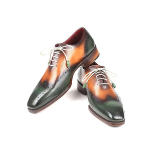 Paul Parkman Handmade Designer Shoes Men's Green & Camel Wingtip Calfskin Oxfords 097GV22 (PM5708)-AmbrogioShoes